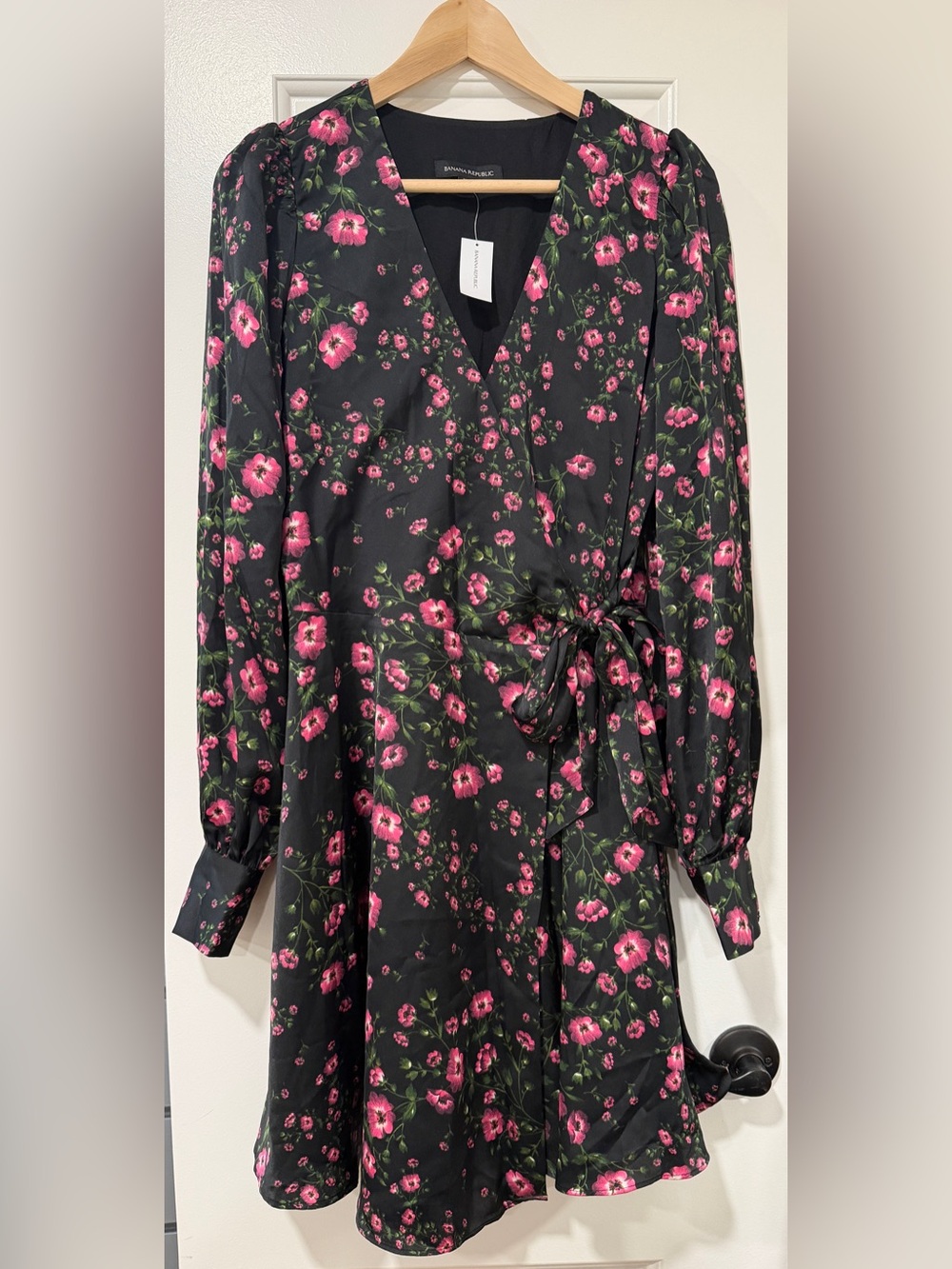 Banana Republic Black Floral Wrap Dress with Pink Flowers
